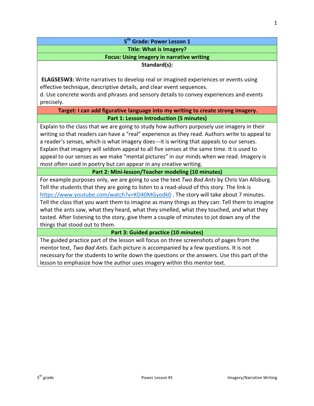 1 5Th Grade: Power Lesson 1 Title: What Is Imagery? Focus: Using Imagery in Narrative Writing Standard(S): ELAGSE5W3: Write