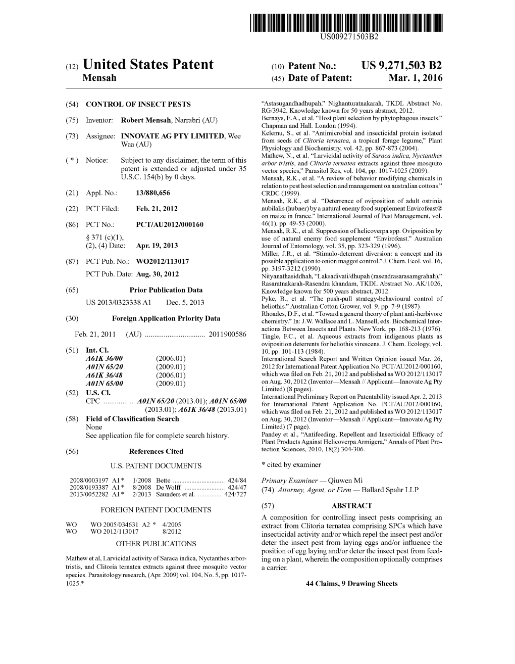 (12) United States Patent (10) Patent No.: US 9.271,503 B2 Mensah (45) Date of Patent: Mar