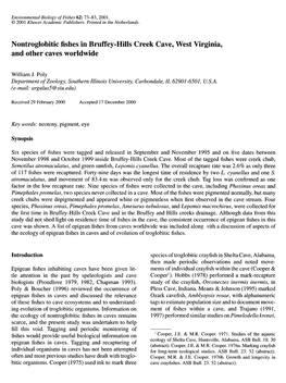 Nontroglobitic Fishes in Bruffey-Hills Creek Cave, West Virginia, and Other Caves Worldwide