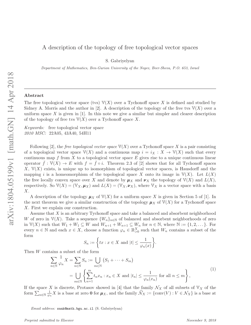 Arxiv:1804.05199V1 [Math.GN] 14 Apr 2018 00MSC: 2010 Keywords: Nfr Space Uniform Every Inya Orsadteato N[] Ecito Fteto the of Description a [2]