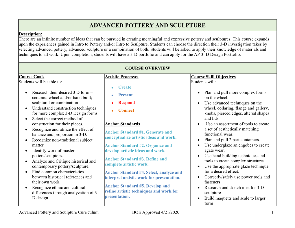 ADVANCED POTTERY and SCULPTURE Description: There Are an Infinite Number of Ideas That Can Be Pursued in Creating Meaningful and Expressive Pottery and Sculptures