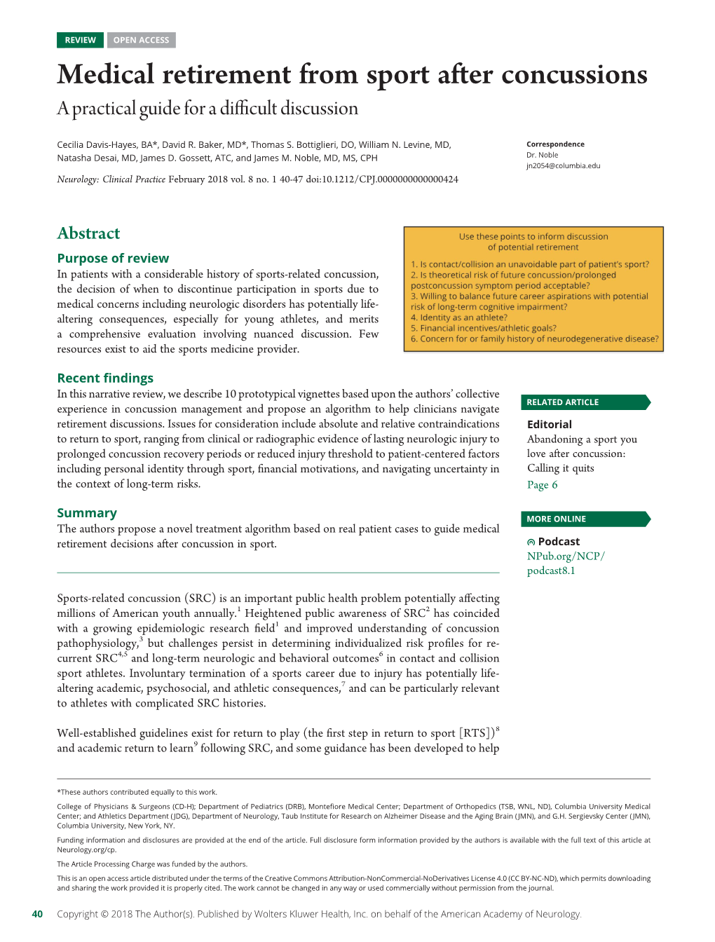 Medical Retirement from Sport After Concussions a Practical Guide for a Diﬃcult Discussion