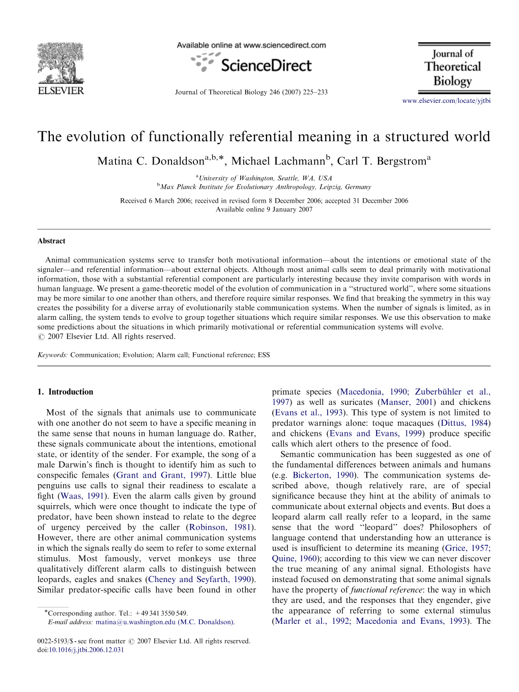 The Evolution of Functionally Referential Meaning in a Structured World