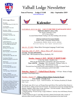 Valhall Lodge Newsletter Sons of Norway Lodge # 5-168 July - September 2019