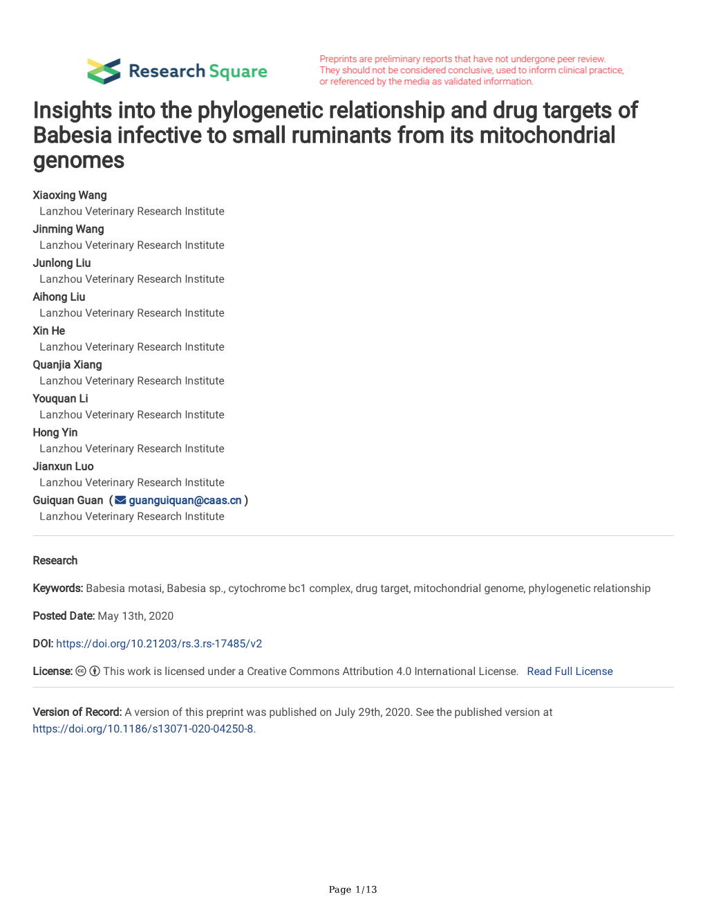 Insights Into the Phylogenetic Relationship and Drug Targets of Babesia Infective to Small Ruminants from Its Mitochondrial Genomes