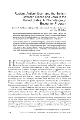 Racism, Antisemitism, and the Schism Between Blacks and Jews in the United States: a Pilot Intergroup Encounter Program Lewis Z