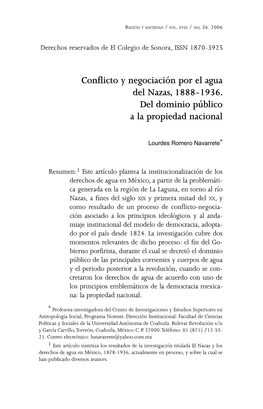 Conflicto Y Negociación Por El Agua Del Nazas, 1888-1936. Del Dominio Público a La Propiedad Nacional