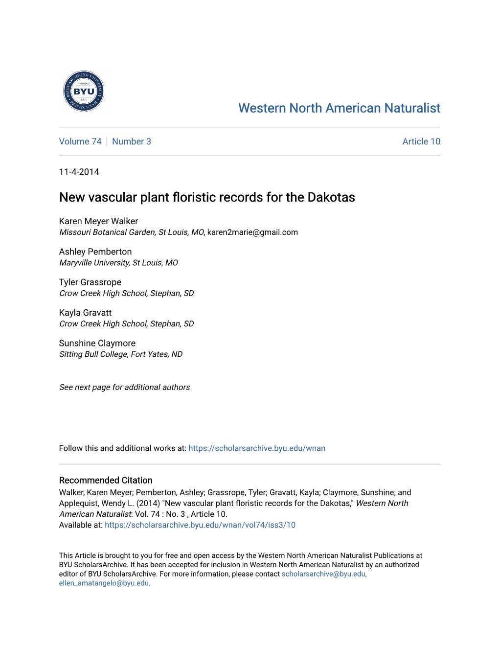 New Vascular Plant Floristic Records for the Dakotas