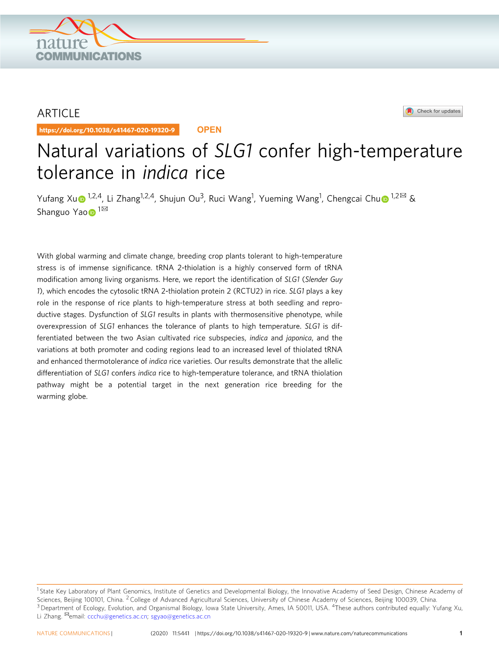 Natural Variations of SLG1 Confer High-Temperature Tolerance in Indica Rice