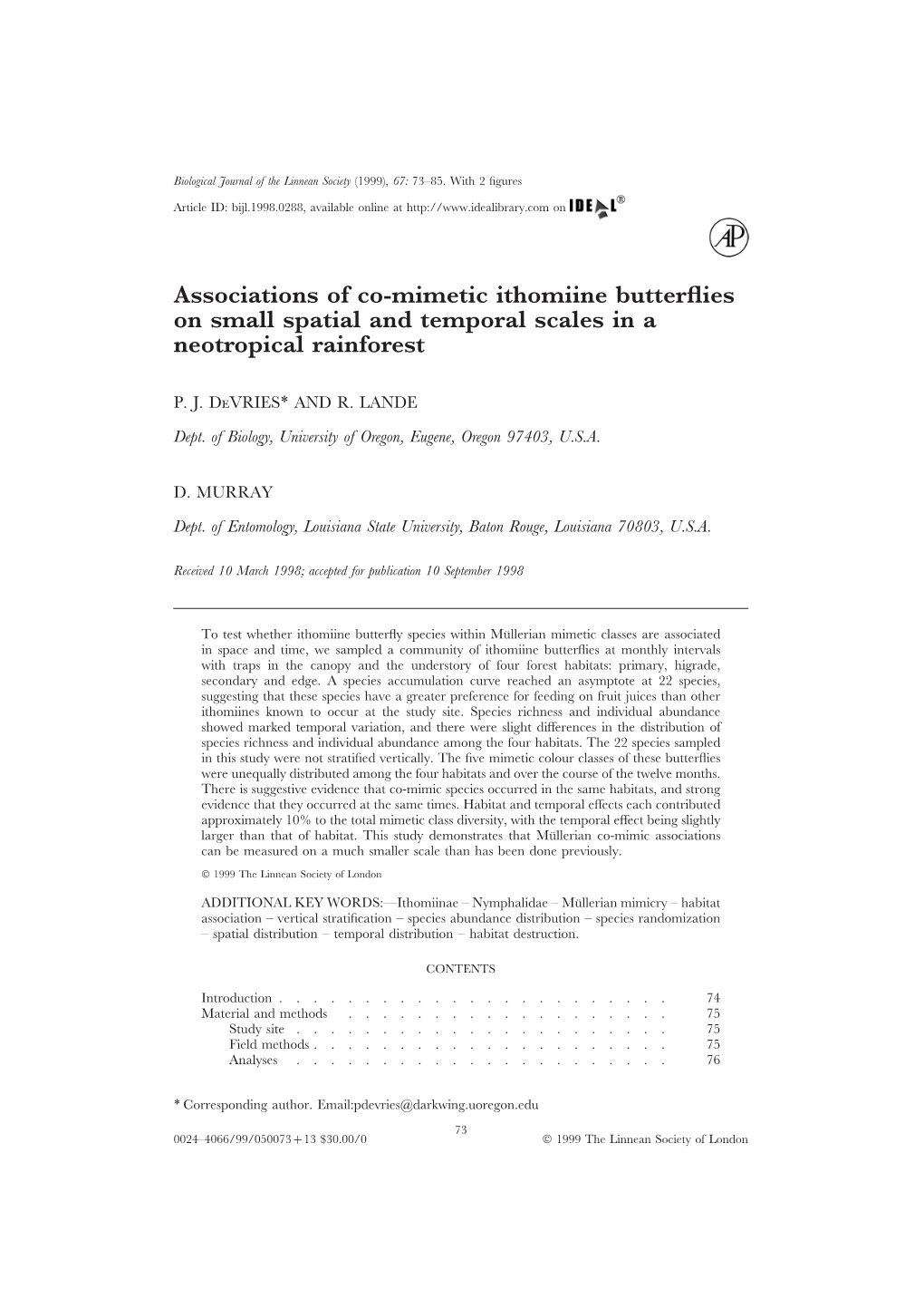 Associations of Co-Mimetic Ithomiine Butterflies on Small Spatial And