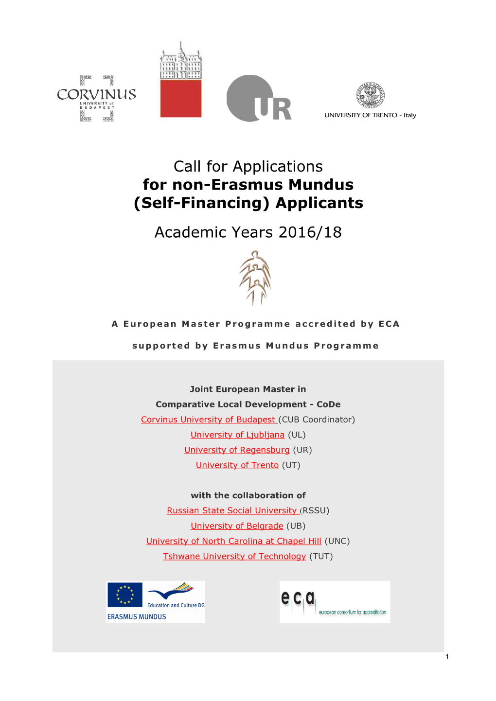 Call for Applications for Non-Erasmus Mundus (Self-Financing) Applicants