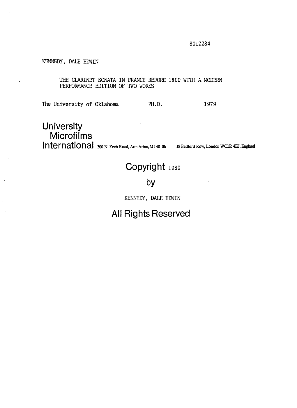 University Microfilms Copyright I98o by All Rights Reserved
