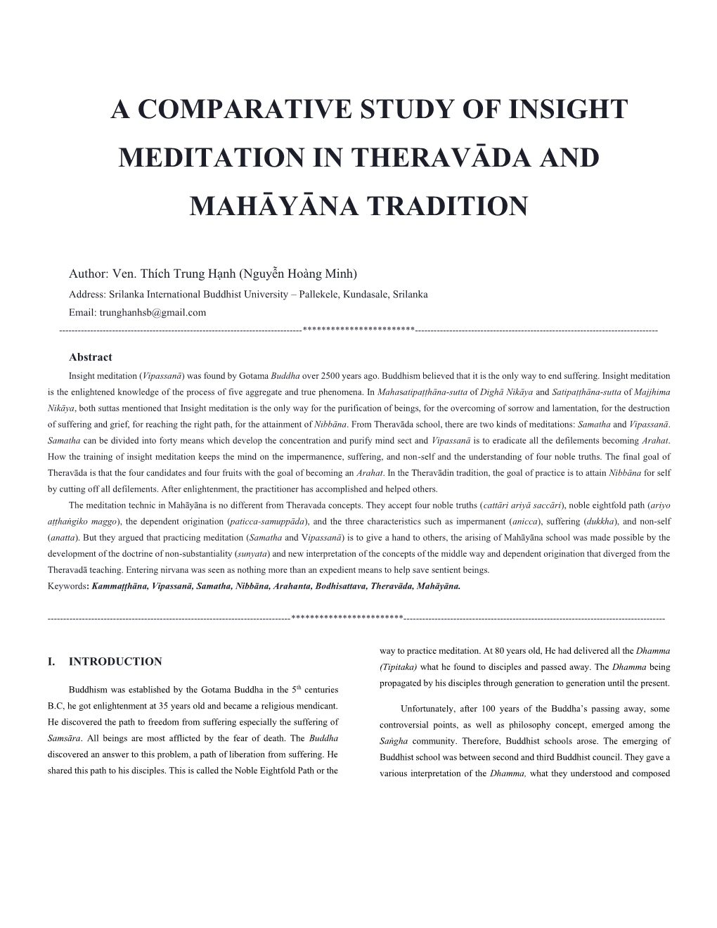 A Comparative Study of Insight Meditation in Theravāda and Mahāyāna Tradition