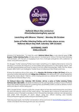 National Album Day Announce #Timstwitterlisteningparty Special Launching with Ultravox 'Vienna'