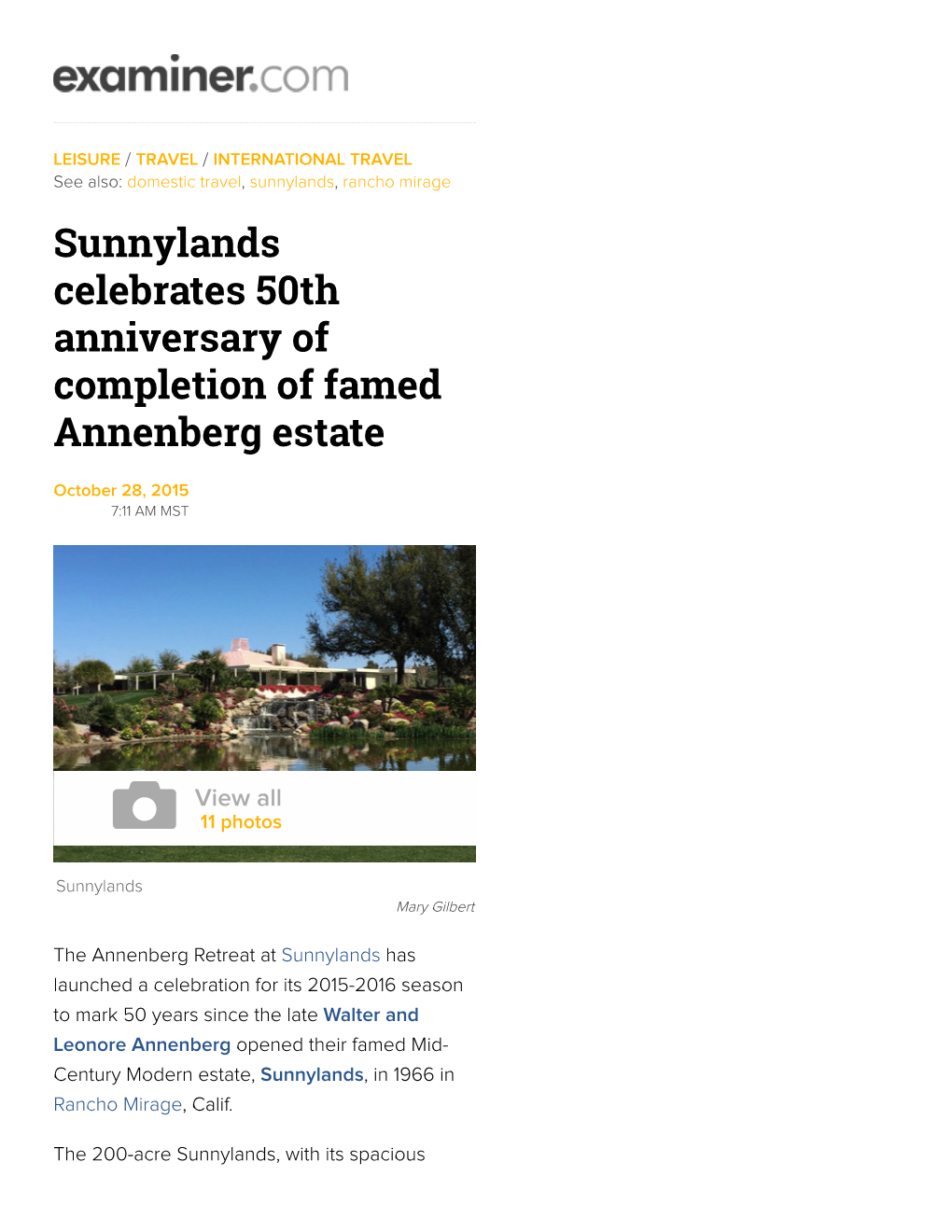 Sunnylands Celebrates 50Th Anniversary of Completion of Famed Annenberg Estate