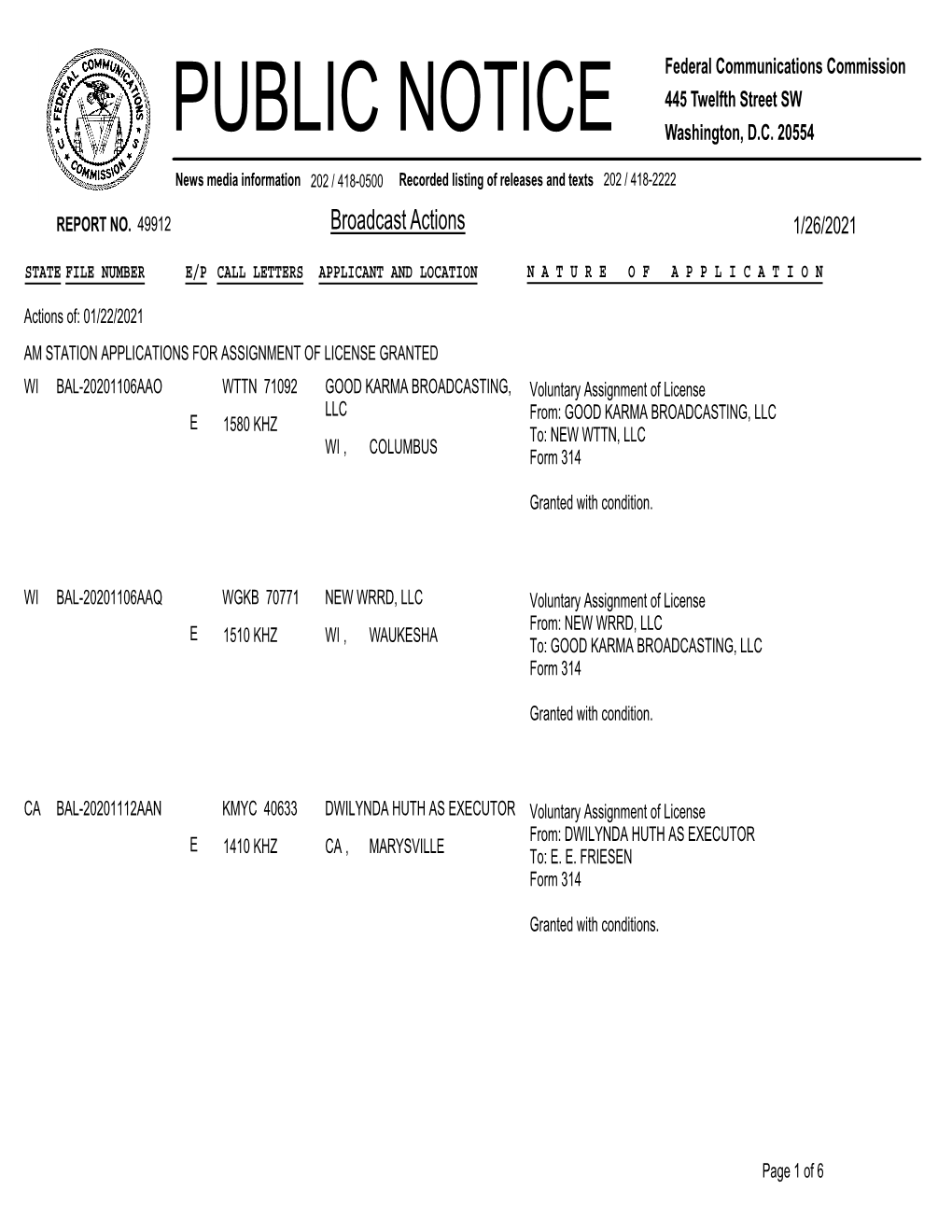 Broadcast Actions 1/26/2021