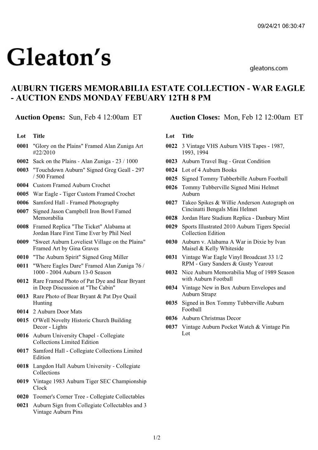 Auburn Tigers Memorabilia Estate Collection - War Eagle - Auction Ends Monday Febuary 12Th 8 Pm