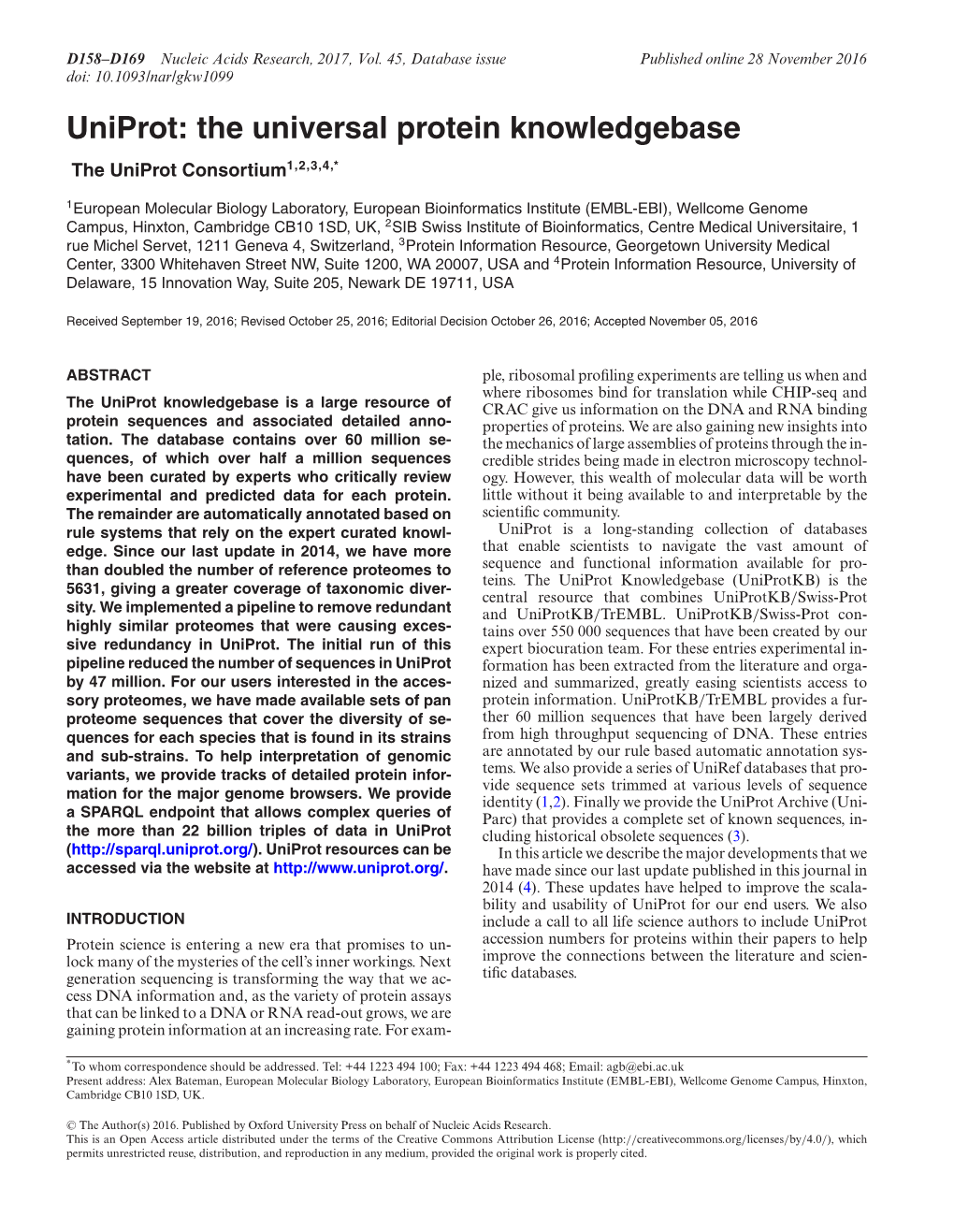 Uniprot: the Universal Protein Knowledgebase the Uniprot Consortium1,2,3,4,*