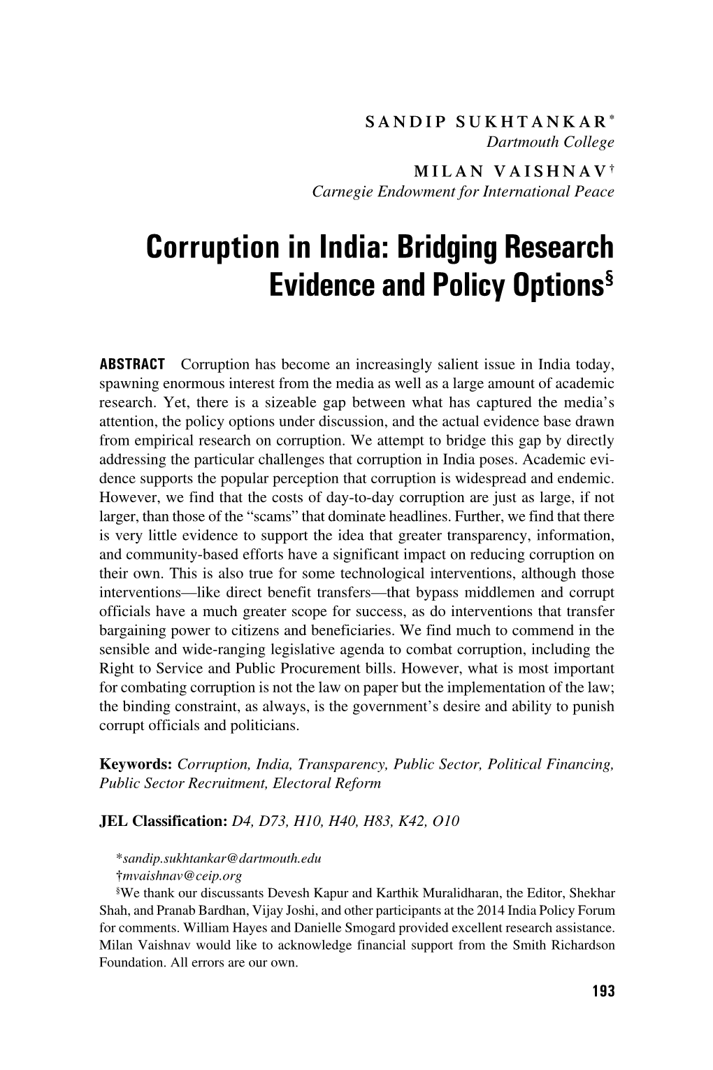 Corruption in India: Bridging Research Evidence and Policy Options§