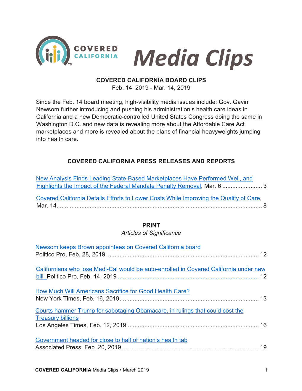 Media Clips COVERED CALIFORNIA BOARD CLIPS Feb