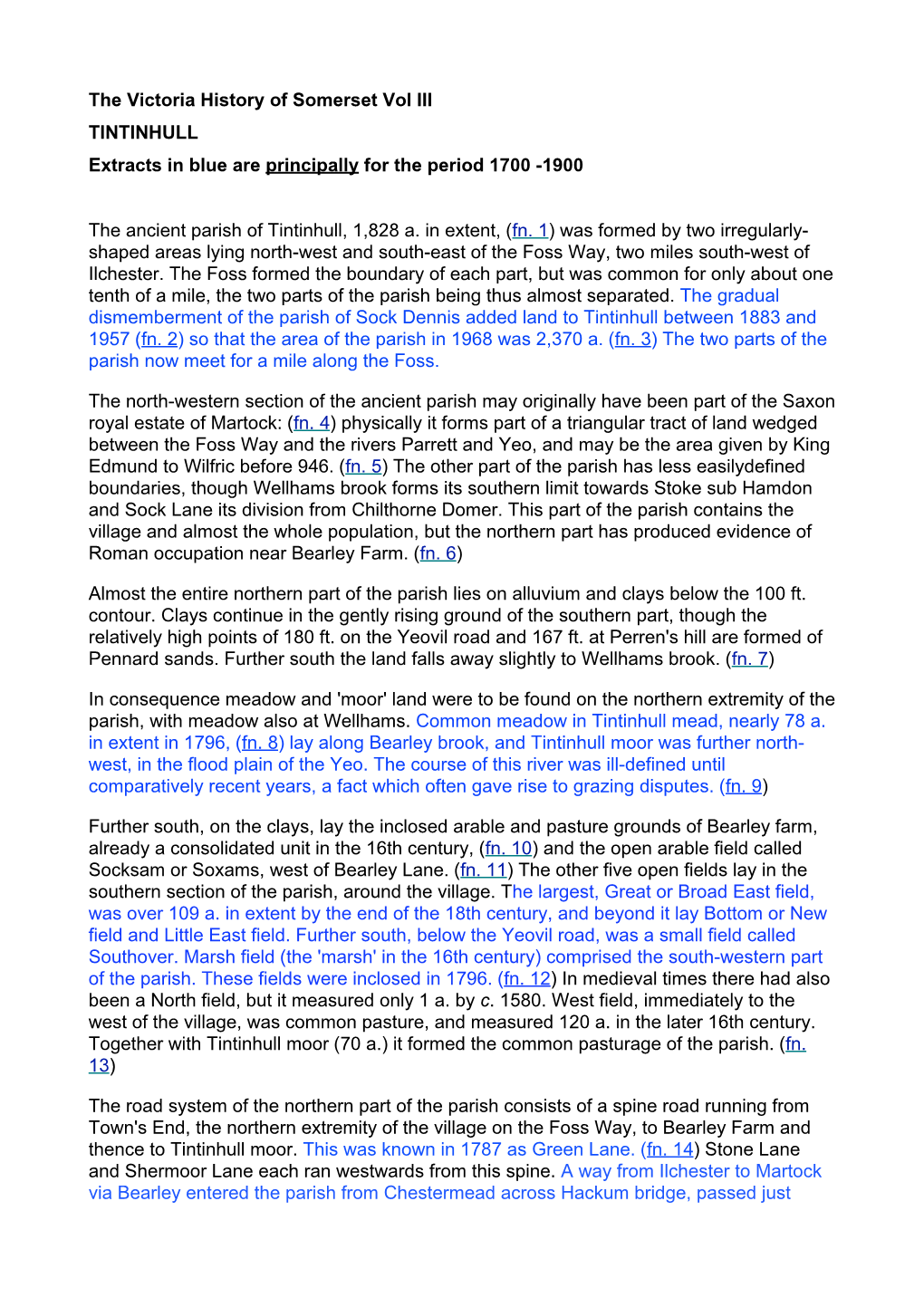The Victoria History of Somerset Vol III TINTINHULL Extracts in Blue Are Principally for the Period 1700 -1900 the Ancient Paris