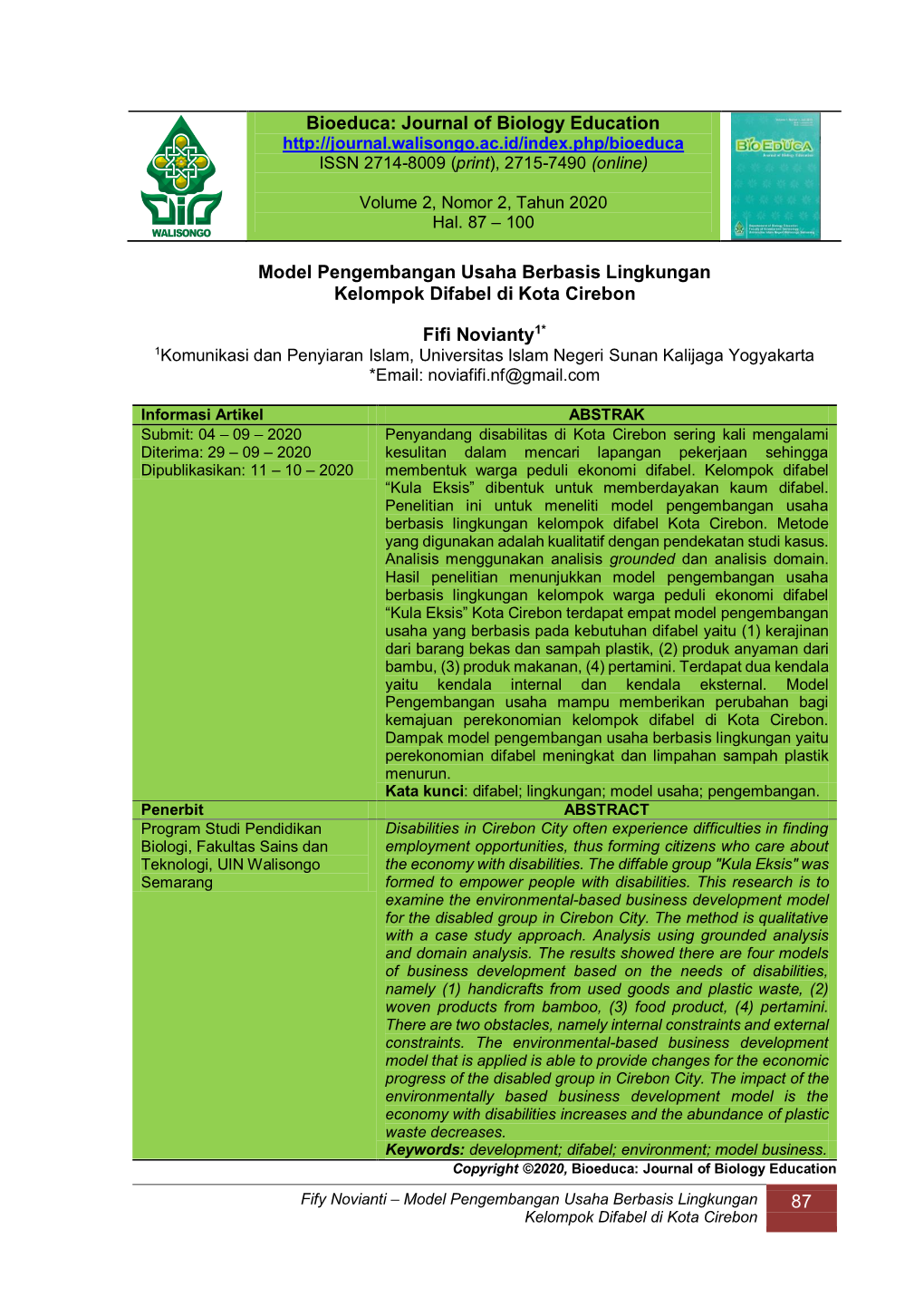 Journal of Biology Education Model Pengembangan Usaha Berbasis