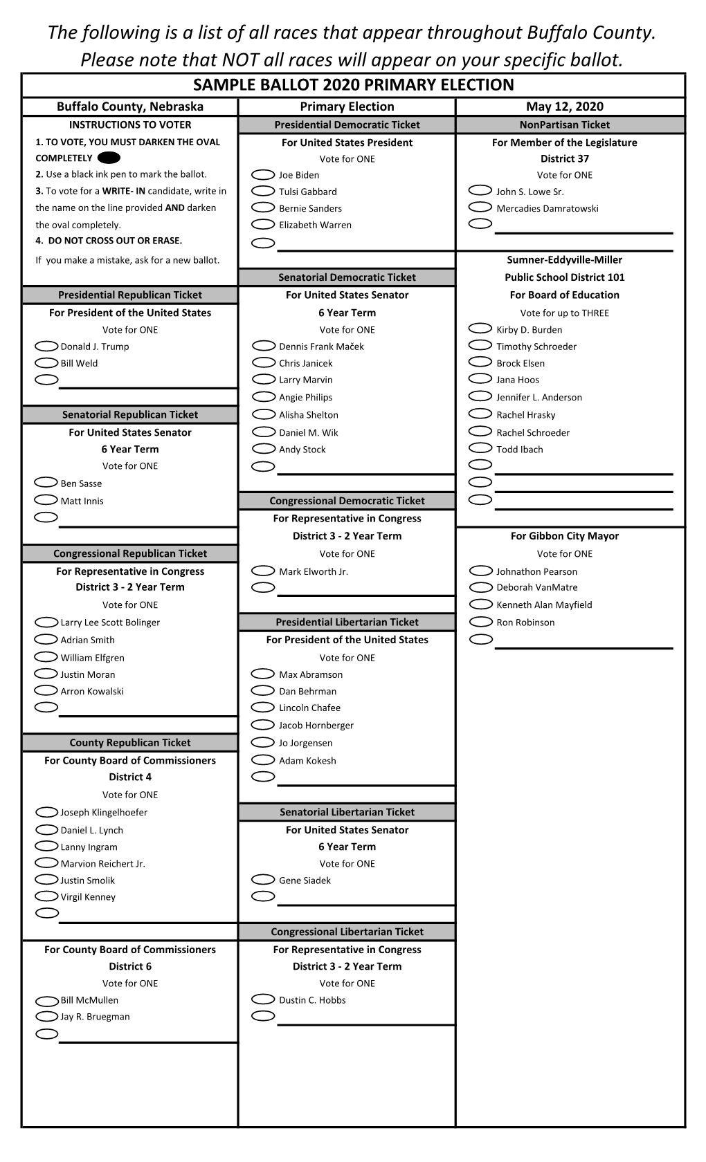 SAMPLE BALLOT 2020 PRIMARY ELECTION Buffalo County, Nebraska Primary Election May 12, 2020 INSTRUCTIONS to VOTER Presidential Democratic Ticket Nonpartisan Ticket 1