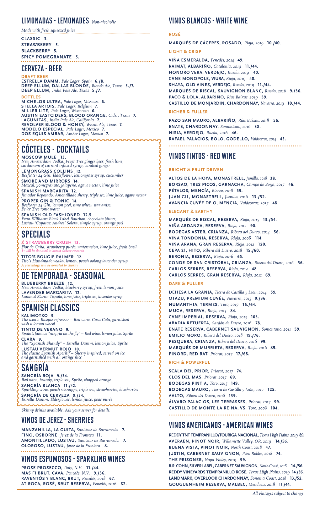 Bulla Plano Beverage Menu