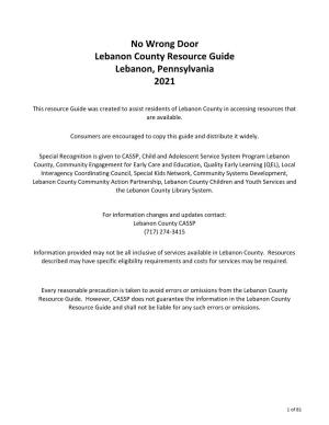 No Wrong Door Lebanon County Resource Guide Lebanon, Pennsylvania 2021