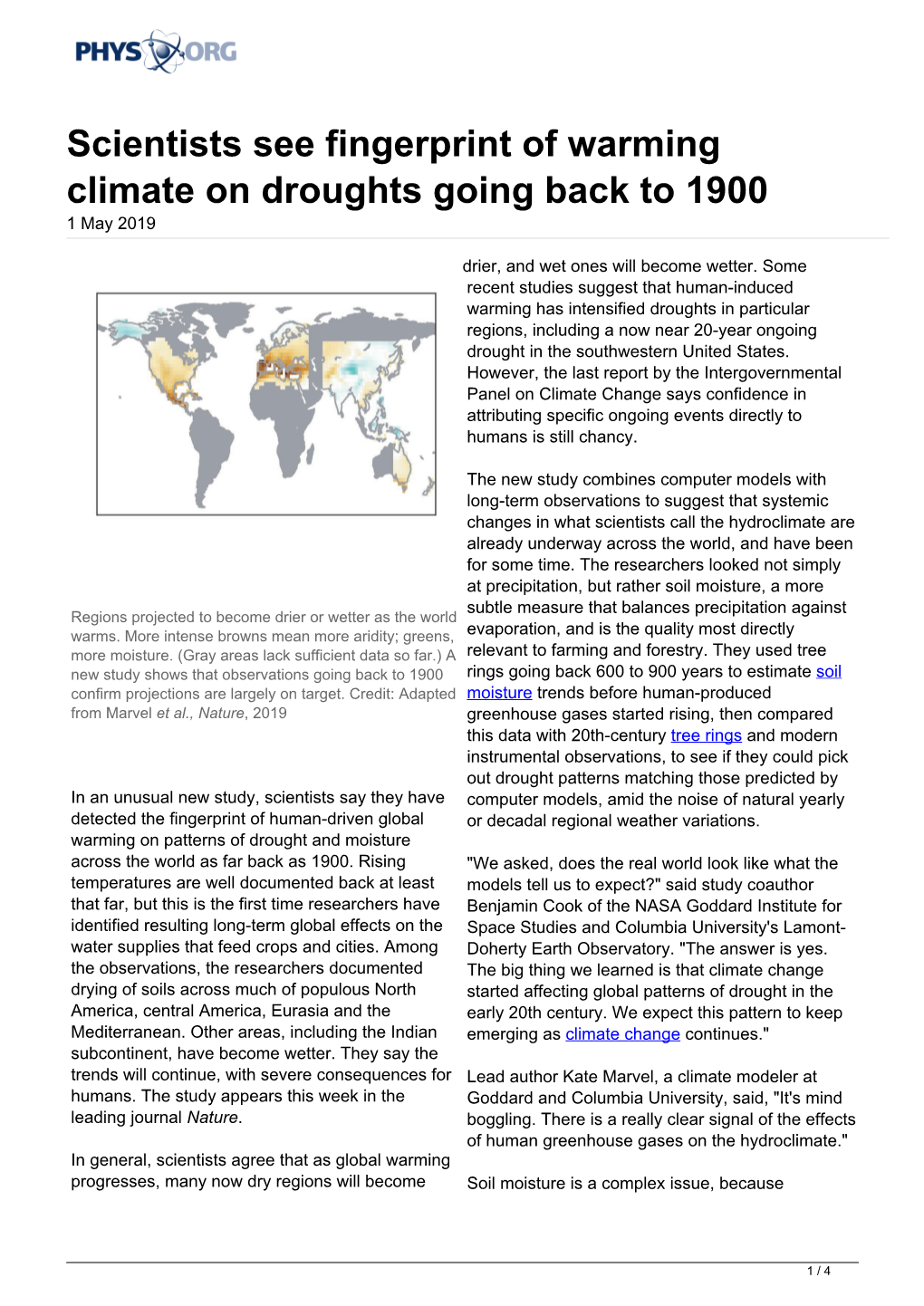 Scientists See Fingerprint of Warming Climate on Droughts Going Back to 1900 1 May 2019