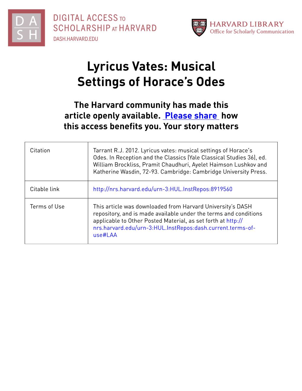 Lyricus Vates: Musical Settings of Horace’S Odes