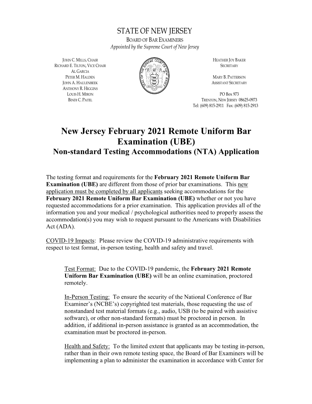 New Jersey February 2021 Remote Uniform Bar Examination (UBE) Non