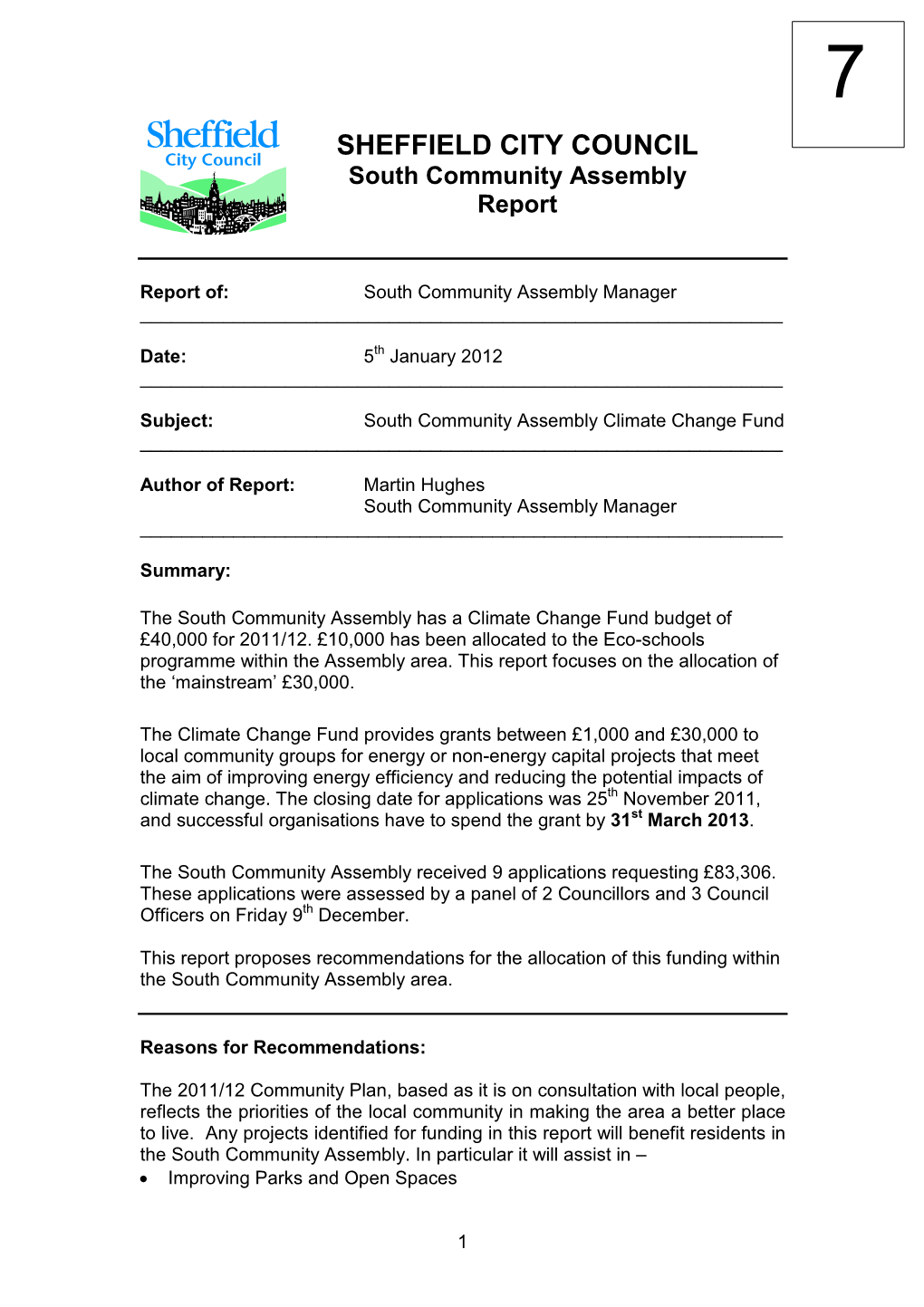 SHEFFIELD CITY COUNCIL South Community Assembly Report