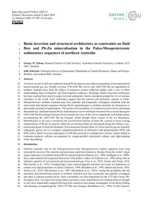Basin Inversion and Structural Architecture As Constraints on Fluid Flow and Pb-Zn Mineralisation in the Paleo-Mesoproterozoic S