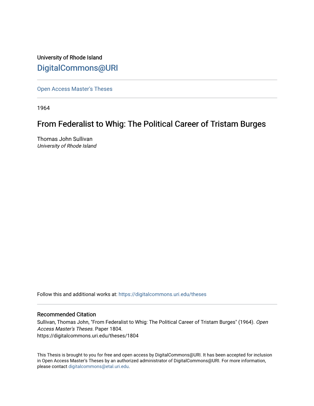 From Federalist to Whig: the Political Career of Tristam Burges