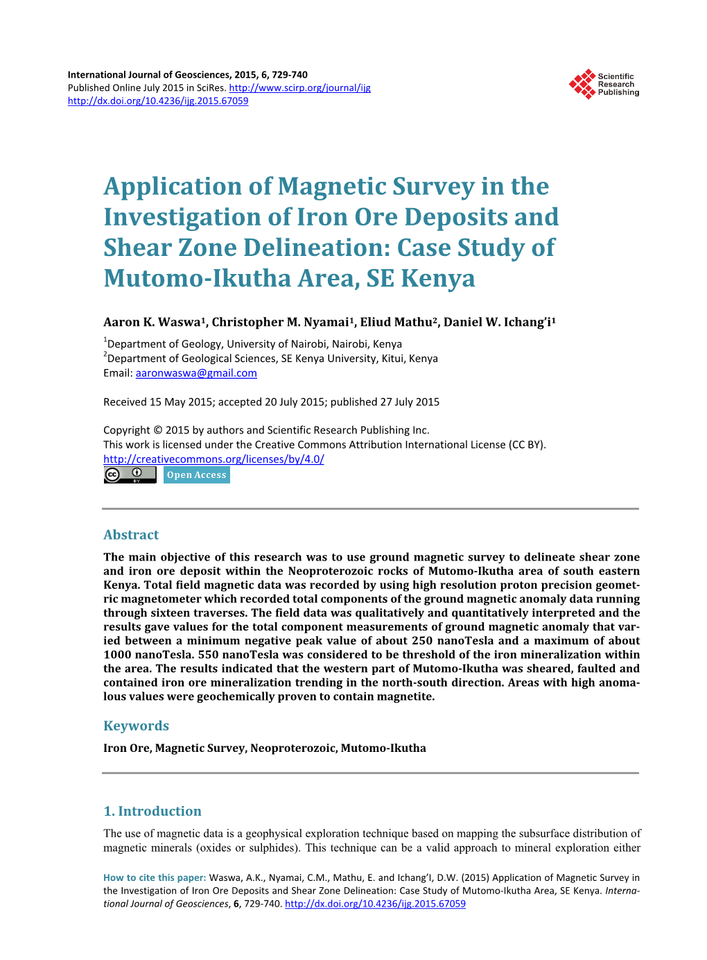 Application of Magnetic Survey in the Investigation of Iron Ore Deposits and Shear Zone Delineation: Case Study of Mutomo-Ikutha Area, SE Kenya