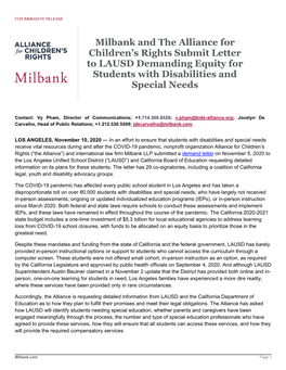 Milbank and the Alliance for Children's Rights Submit Letter To