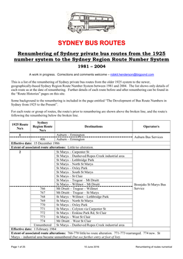 Renumbering of Sydney Private Bus Routes from the 1925 Number System to the Sydney Region Route Number System