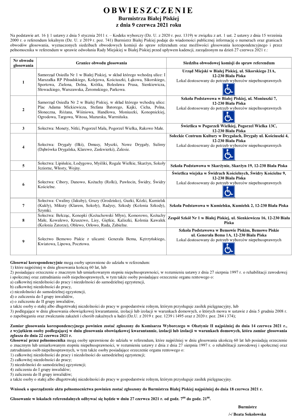 OBWIESZCZENIE Burmistrza Białej Piskiej Z Dnia 9 Czerwca 2021 Roku