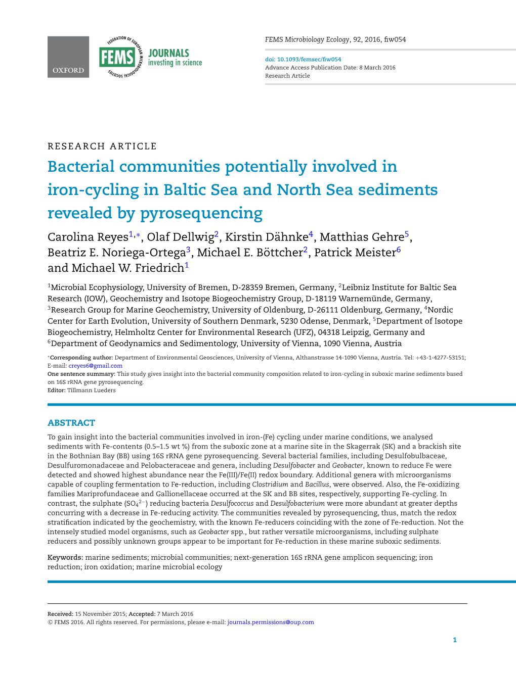 Bacterial Communities Potentially Involved in Iron-Cycling in Baltic Sea and North Sea Sediments Revealed by Pyrosequencing