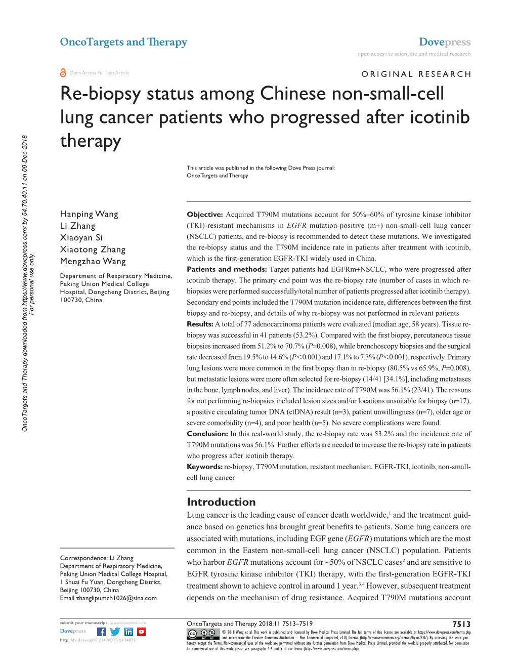 Re-Biopsy Status Among Chinese Non-Small-Cell Lung Cancer Patients Who Progressed After Icotinib Therapy