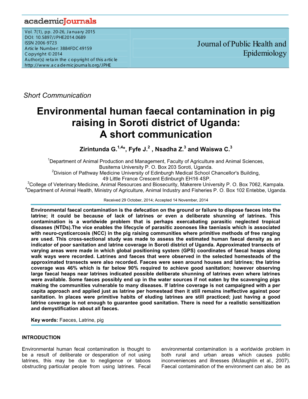 Environmental Human Faecal Contamination in Pig Raising in Soroti District of Uganda: a Short Communication