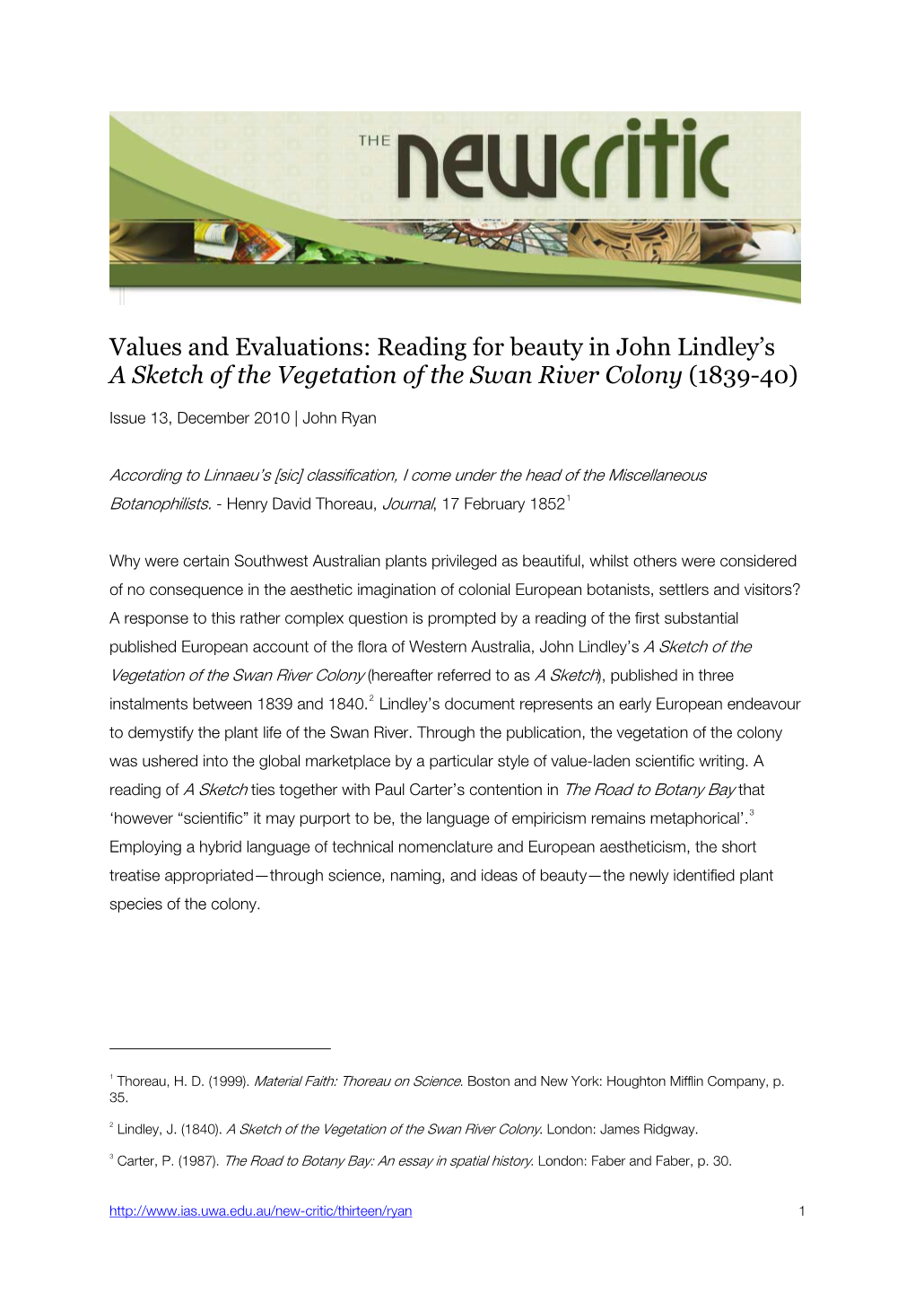 Values and Evaluations: Reading for Beauty in John Lindley's a Sketch of the Vegetation of the Swan River Colony (1839-40)