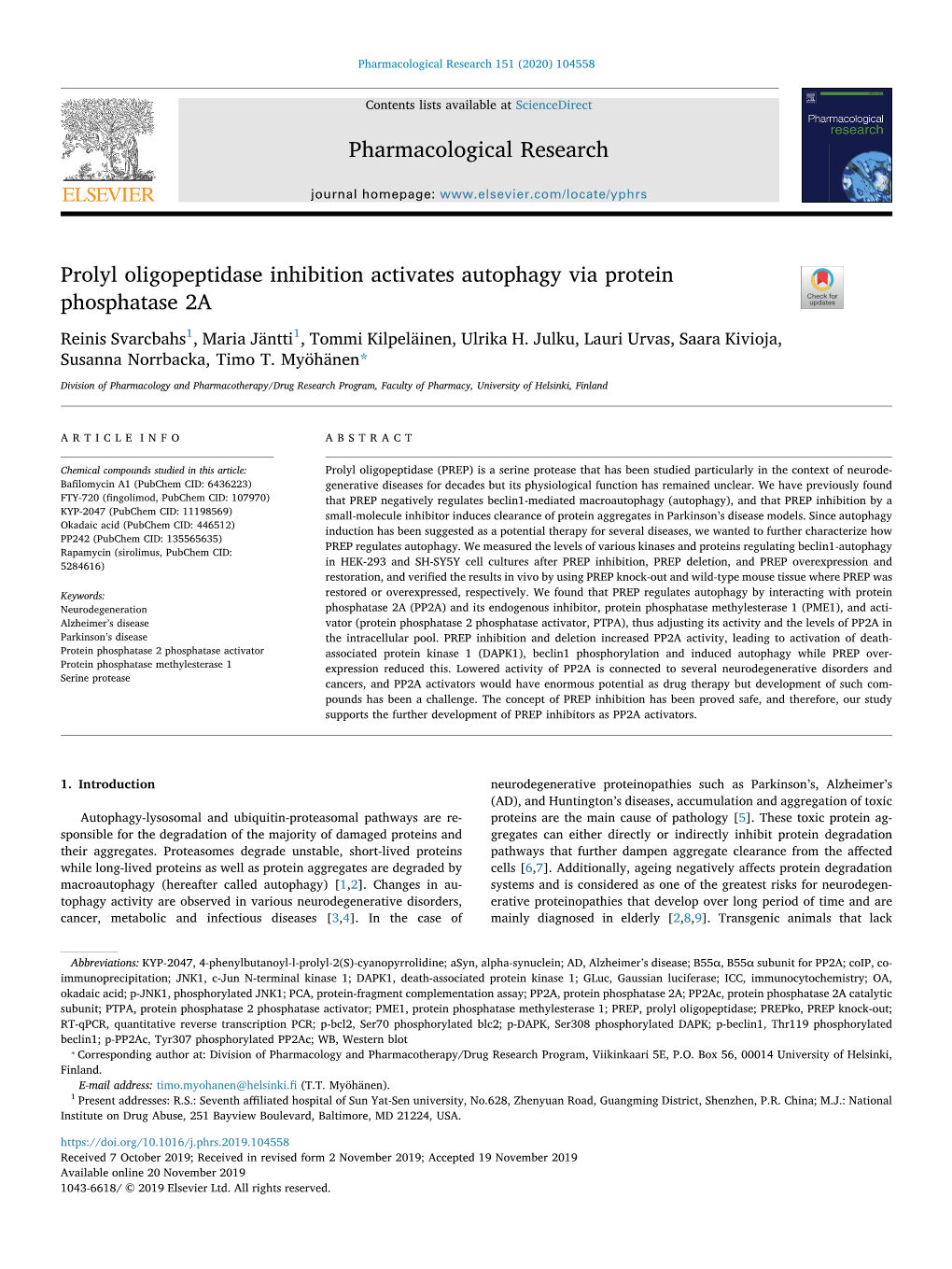 Prolyl Oligopeptidase Inhibition Activates Autophagy Via Protein Phosphatase 2A T