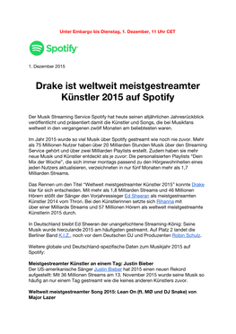Drake Ist Weltweit Meistgestreamter Künstler 2015 Auf Spotify