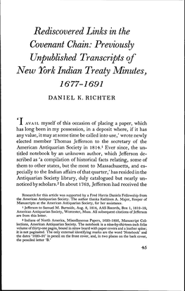 Rediscovered Links in the Covenant Chain: Previously Unpublished Transcripts of New York Indian Treaty Minutes^ 1677-1691 DANIEL K
