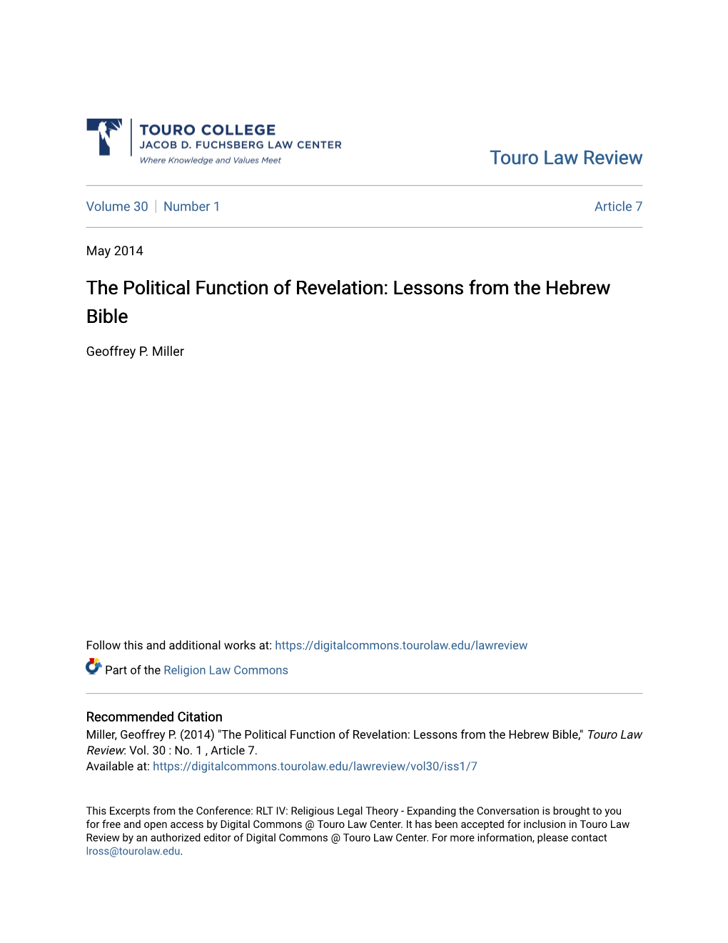 The Political Function of Revelation: Lessons from the Hebrew Bible