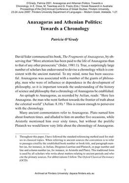 Anaxagoras and Athenian Politics: Towards a Chronology