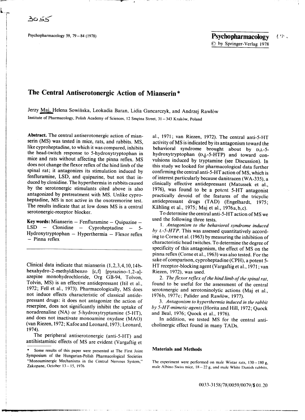 Psychopharmacology .' ' ,. the Central Antiserotonergic Action Of