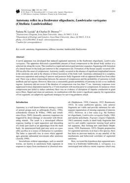 Autotomy Reflex in a Freshwater Oligochaete, Lumbriculus Variegatus